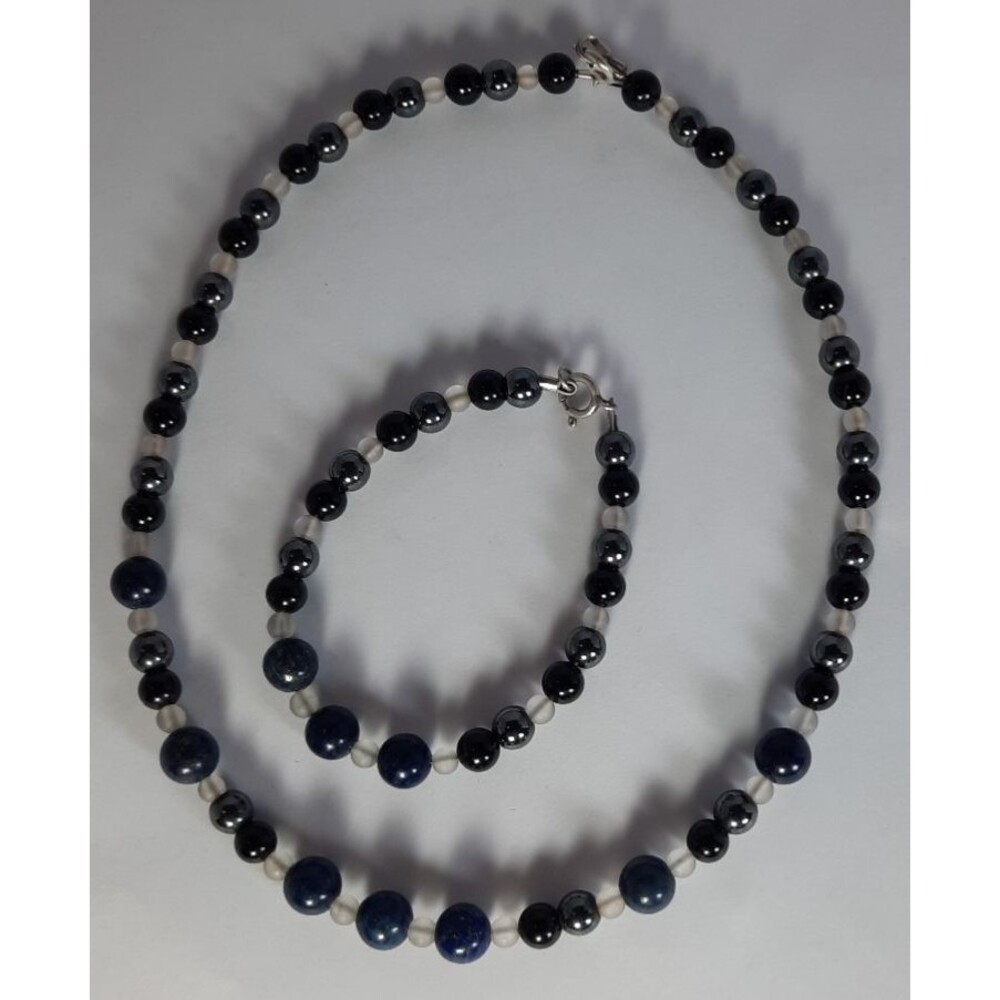 Onyx Hematite Lapis Lazul Beaded 6.5" Bracelet & 15.5" Necklace Set